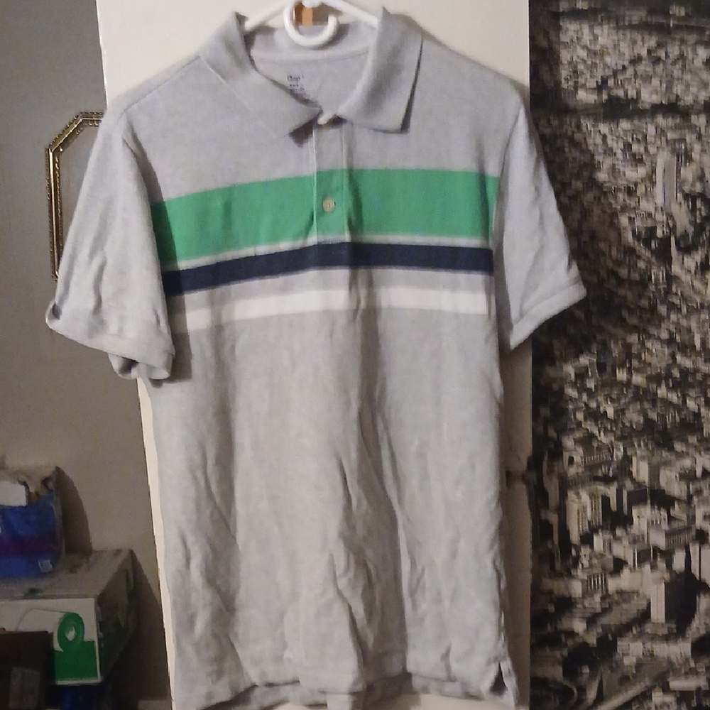 Old Navy Gray Polo with Green and Black Whute  Stripes Lsrge 3 Button